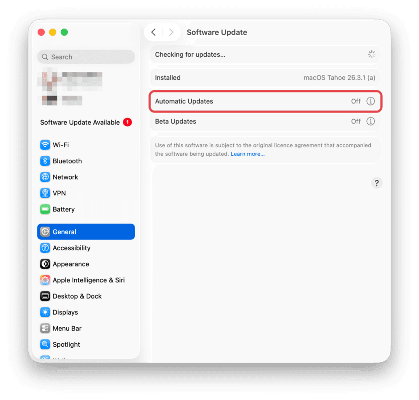 Software Update showing Automatic Updates set to Off
