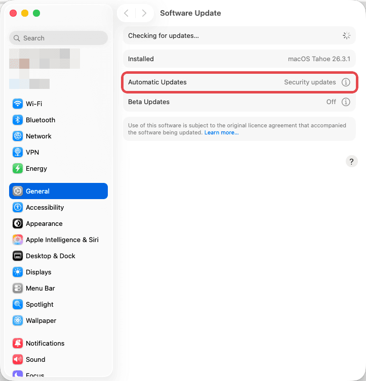 The Software Update pane in System Settings, with the Automatic Updates row highlighted